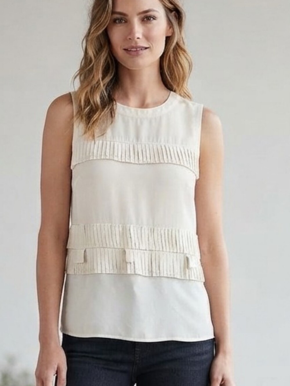 H&M Cream Ivory Sleeveless Pleated Ruffle-Trim Top Blouse Sz 12